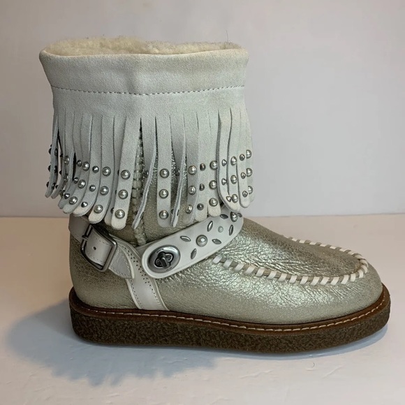 Coach Moccasin Fringe Natural Gold Leather Sheepskin Studded Moto Boots size 5 - Picture 13 of 13